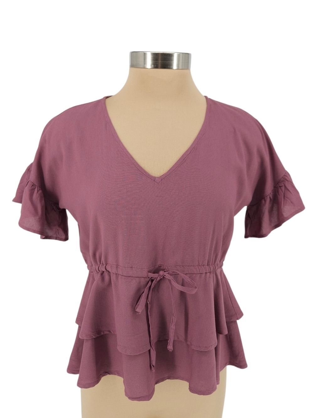 Sim & Sam Tiered Ruffle Peplum Top Mauve Flutter Short Sleeve Shirt Medium